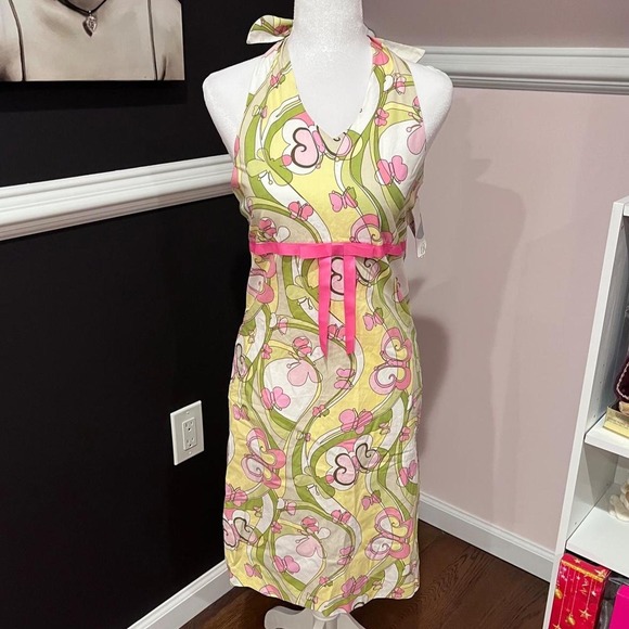 Vintage Dresses & Skirts - Y2K DEADSTOCK1960s Style Pink & Green Paisley Heart Butterfly Halter Dress Small